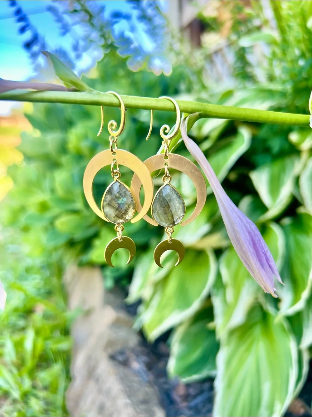 Gold Crescent Moon Earrings with Labradorite Gemstone | Brass Findings